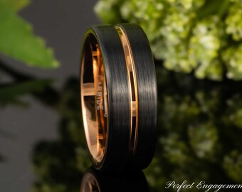 Pipe Cut Wedding Band, 8mm Two Tone Ring, Rose Gold & Black Plated Wedding Ring, Mens Engraved Promise Ring Band, Tungsten Carbide Ring
