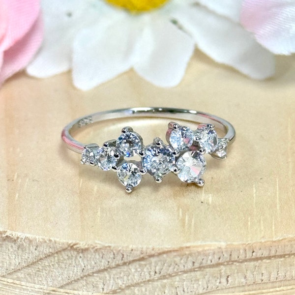 Cluster Round CZ Ring | Solid 925 Sterling Silver Cubic Zirconia Anniversary Ring | Women's Silver Ring | Engagement Rings