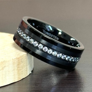 Gold Tungsten Wedding Band, Gold Plated Tungsten Carbide Ring, Mens Engagement Ring CZ, Cubic Zirconia Wedding Band, Brushed 8mm Comfort Fit