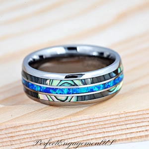 Comfort Fit Silver Tungsten Carbide Opal & Mother of Pearl Inlay Ring for Men, Laser Engrave Dome Style Wedding Band 8mm