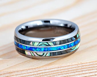 Comfort Fit Silver Tungsten Carbide Opal & Mother of Pearl Inlay Ring for Men, Laser Engrave Dome Style Wedding Band 8mm