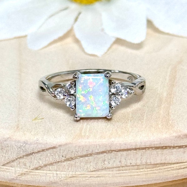 Twisted Rectangular White Lab Opal CZ Ring | Solid 925 Sterling Silver Opal Engagement Ring | Women Silver Ring | Trendy | For Her