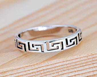Greek Key Full Eternity Ring | Solid 925 Sterling Silver Meander Decorative Design Ring | Women's Silver Ring | Trendy | Greek Fret Ring