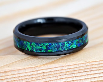 Black Tungsten Green Opal Inlay Wedding Band | Men's Opal Tungsten Wedding Ring | Promise Ring | Anniversary Ring | 6mm Engagement Ring