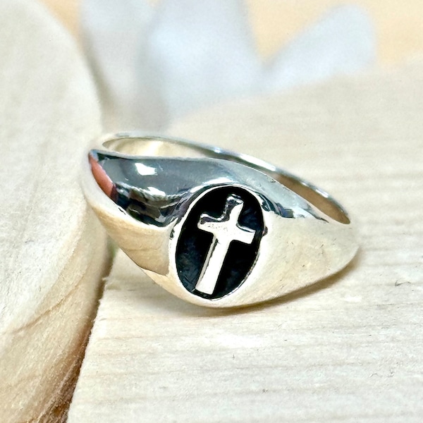 Signet Oval Cross Ring | Solid 925 Sterling Silver Christian Black Inlay Cross Ring | Signet Style Silver Ring | Trendy | Religious Jewelry