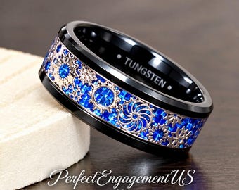 Black & Rose Gold IP Plated Tungsten Unique Promise Band Steampunk Gear Over Blue Carbon Fiber Inlay for Men 8mm