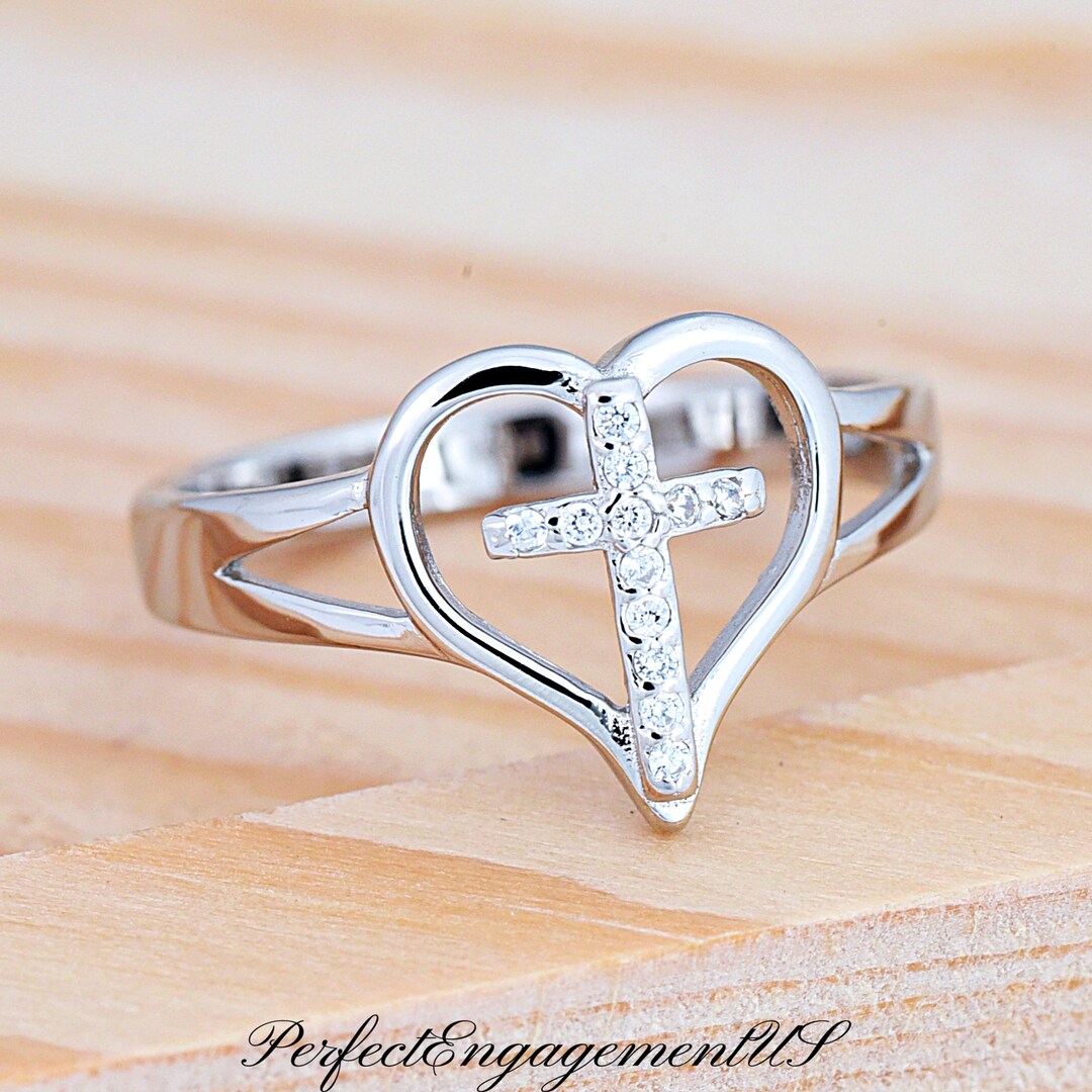 Sparkling Clear CZ Cross Center Open Hearts Ring | Solid 925