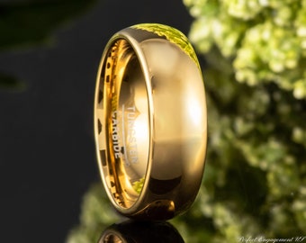Yellow Gold Tungsten Wedding Band, Classic Dome Engagement Ring, Men's Women's Promise Ring, Anniversary Gift, Personalized Engrave Ring