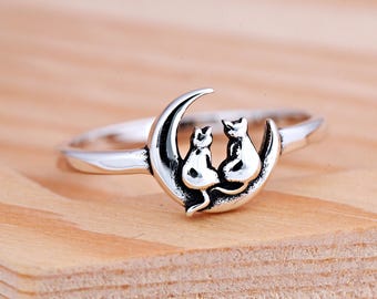 Two Cats Sitting on the Crescent Moon Ring | Solid 925 Sterling Silver Cats and Moon Ring | Dainty Cute Cat Jewelry | Cat Ring