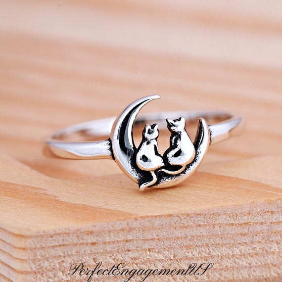 Two Cats Sitting on the Crescent Moon Ring | Solid 925 Sterling Silver Cats and Moon Ring | Dainty Cute Cat Jewelry | Cat Ring