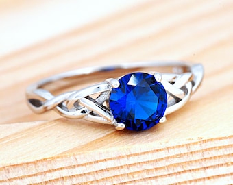 Sparkling Sapphire CZ Prong Set Celtic Knot Engagement Ring | September Birthstone CZ 925 Sterling Silver Ring | Birthstone Ring