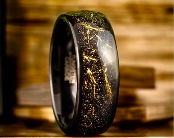 Black Tungsten Gold Plated Imitated Meteorite Inlay Ring, Men's Engraved Engagement Ring, 8mm Dome Wedding Ring, Tungsten Meteorite Band