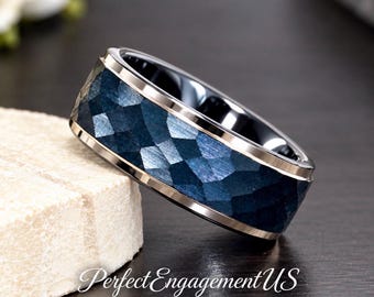Hammered Ring, Tungsten Carbide Ring, Mens Ring, Men Tungsten Ring, Rose Gold Edge Black Ring, Mens Promise Ring, Unique Engagement Ring