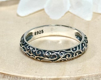 Filigree Dome Wedding Band | Solid 925 Sterling Silver Filigree Wedding Ring | Womens Silver Ring | Trendy | For Her