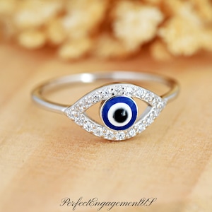 Blue Evil Eye Silver Ring | Solid 925 Sterling Silver Eye Ring | Women&#39;s Silver Eye Ring | Trendy | Gift for Her