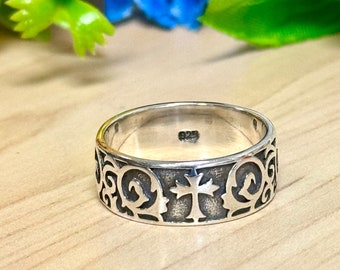 Cross with Vine Statement Ring | Solid 925 Sterling Silver Filigree Cross Ring | Unisex Silver Ring | Fashion Jewelry