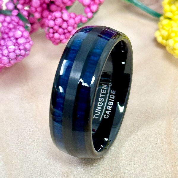 Blue Wood Inlay Black Tungsten Ring, Mens Wood Wedding Band, 8mm Classic Domed Wedding Ring, Mens Promise Ring Engraved, Tungsten Ring