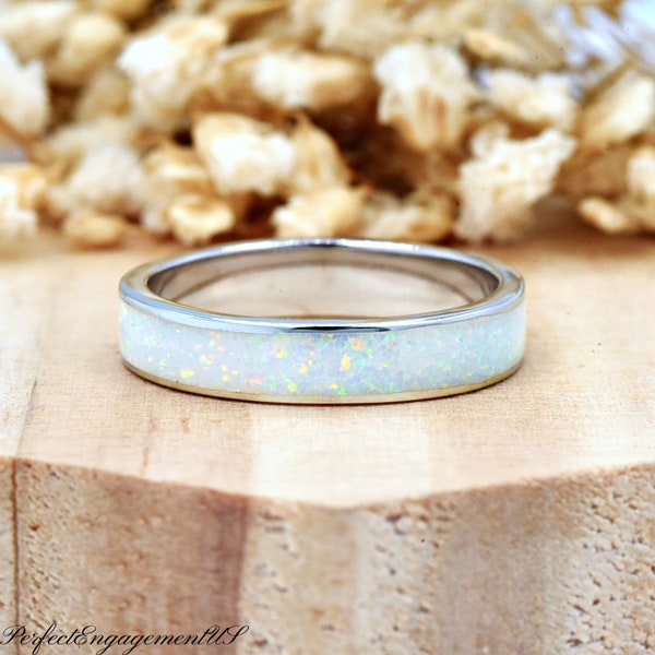 Minimalist Lab White Opal Wedding Band | Solid 925 Sterling Silver Opal Ring | Womens Silver Ring | Bridal Wedding Rings