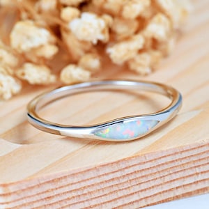 Thin Oval Opal Inlay Simple Ring | Solid 925 Sterling Silver Opal Ring | Women's Silver Ring | Minimalist Opal Stackable Ring