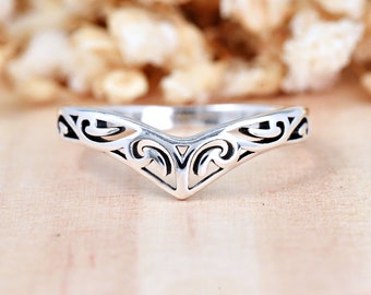 Filigree Chevron Statement Ring | Solid 925 Sterling Silver V-Shaped Ring | Womens Silver Ring | Trendy | Wedding Band | For Bride