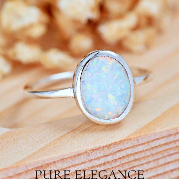 Simple 8mm Oval Opal Bezel Set Engagement Ring Solid 925