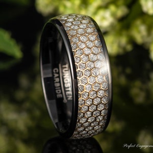 Yellow Gold Plated Honeycomb Meteorite Inlay Tungsten Ring, Black IP Dome Wedding Ring, Personalized Men&#39;s Anniversary Promise Band