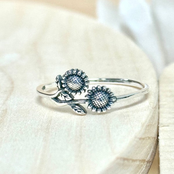 Sunflower Dainty Stackable Ring | Solid 925 Sterling Silver Two Sunflowers Ring | Womens Silver Ring | Trendy | For Teens