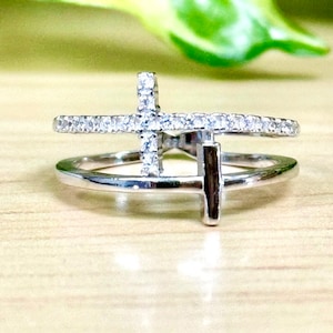 Double Sideway Cross CZ Ring | Solid 925 Sterling Silver Christian Cross Womens Ring | Trendy | Religious Gifts | For Her | Mothers Day Gift