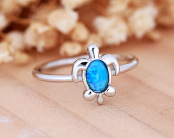 Dainty Turtle Blue Opal Ring | Solid 925 Sterling Silver Sea Turtle Ring Womens | Beach Theme Jewelry Gift Ideas