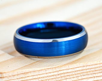 Men's Blue Wedding Band, Anniversary Rings for Men, Blue Ion Plated Tungsten Engagement Gift for Him, Promise Ring, Engrave Ring, 6mm Ring