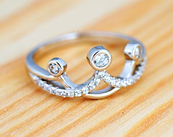 Art Deco Silver CZ Tiara Crown Ring | Solid 925 Sterling Silver Cubic Zirconia Bezel Set Crown Ring | Women's Silver Jewelry