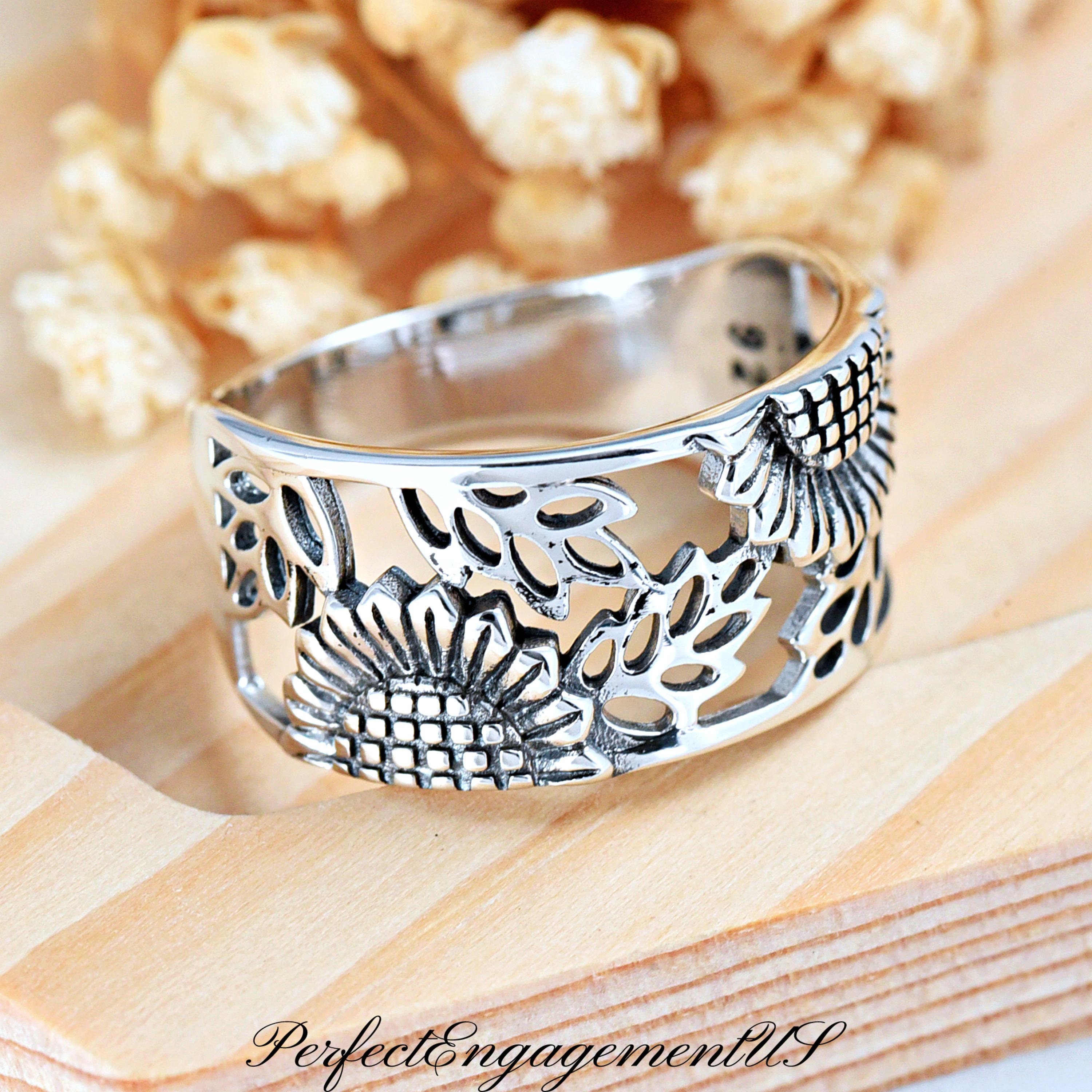Sunflower With Leaves Statement Ring | Solid 925 Sterling Silver Flower ...