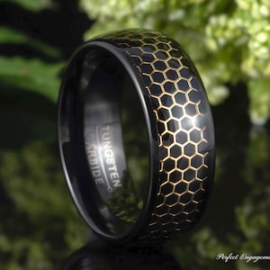 Men's Fancy Honeycomb Black IP Dome Wedding Band, Personalized Engrave Promise Rings for Men, Anniversary Wedding Gift for Him
