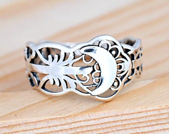 Delicate Crescent Moon Filigree Cut Out Ring | Solid 925 Sterling Silver Celestial Ring | Boho Vintage Style Ring | Women's Ring