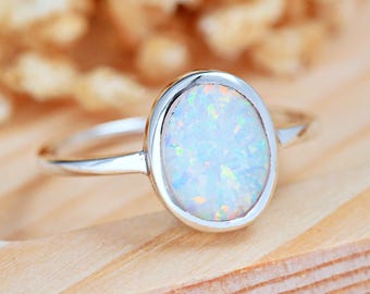 Simple 8mm Oval Opal Bezel Set Engagement Ring | Solid 925 Sterling Silver Opal Promise Wedding Ring | Women's Opal Ring | Gift for Her