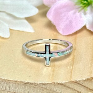 Sideway Cross White Lab Opal Ring | Solid 925 Sterling Silver Simulated Opal Cross Ring | Womens Silver Ring | Birthstone Rings