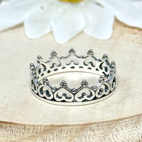 Upside Down Hearts Crown Ring | Solid 925 Sterling Silver Sweetheart Ring | Womens Silver Ring | Trendy | Promise Tiara Rings | For Teens