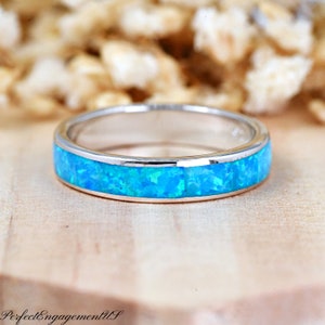 Minimalist Light Blue Lab Opal Wedding Band | Solid 925 Sterling Silver Opal Ring | Womens Silver Ring | Bridal Wedding Rings