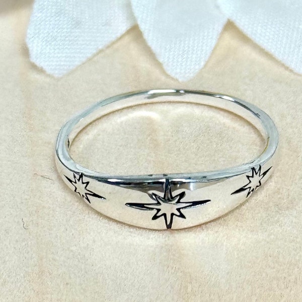 North Star Engrave Plain Ring | Solid 925 Sterling Silver True North Compass Ring | Womens Silver Star Ring | Trendy | Statement Jewelry