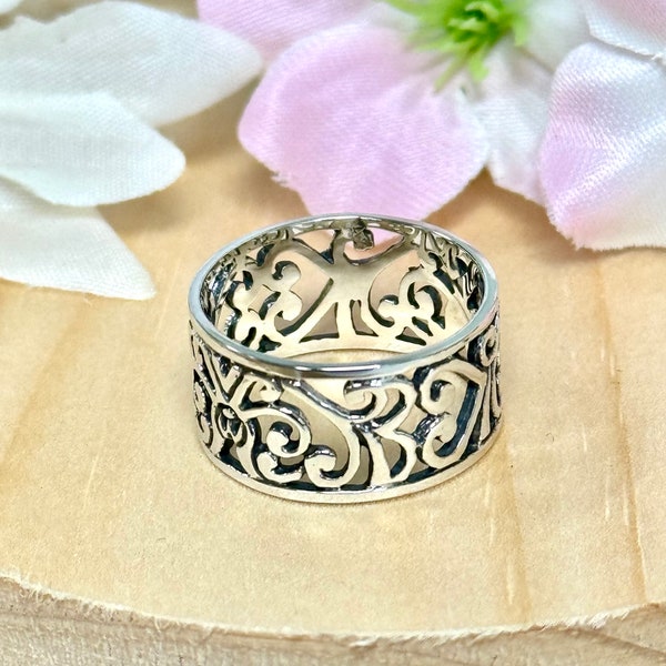 Filigree Vine & Hearts Statement Ring | Solid 925 Sterling Silver Fancy Hearts Band | Womens Silver Ring | Statement Jewelry | For Her