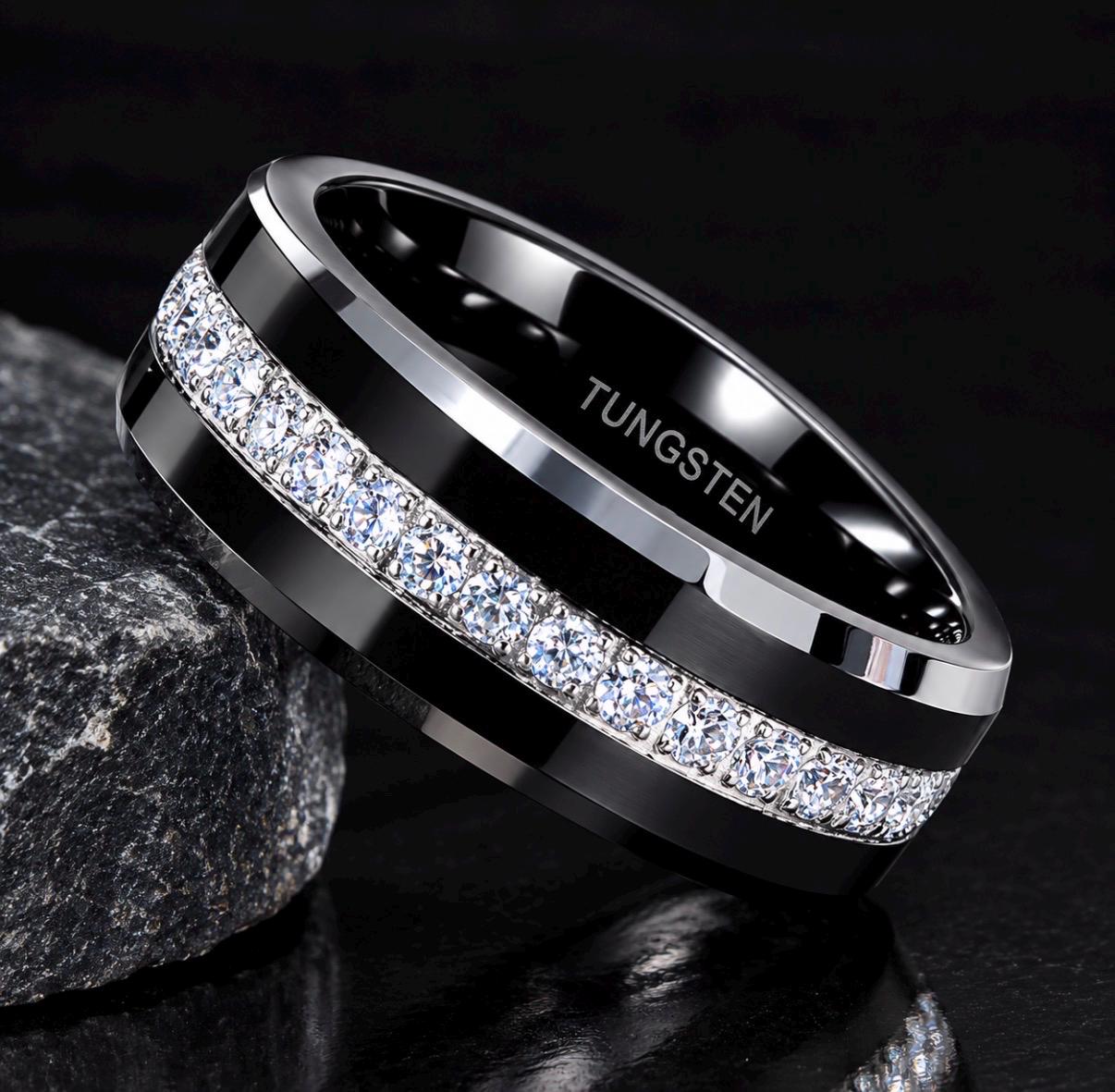 Men's Black IP Plated Eternity Set CZ Tungsten Wedding Band