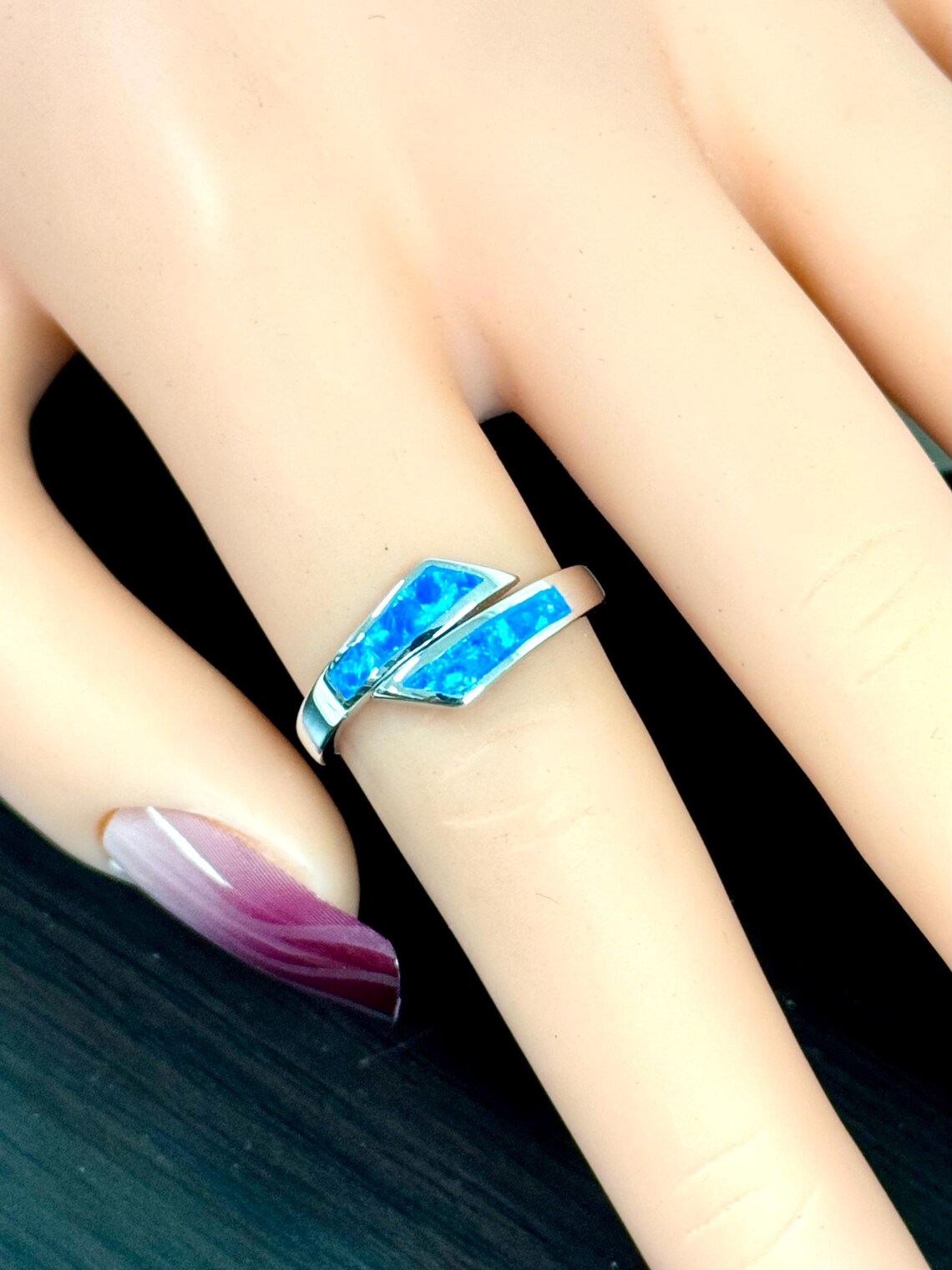Open Pass Rings Blue Opal Inlay Wraparound Open Bypass Ring | Solid 925 Sterling Silver ...