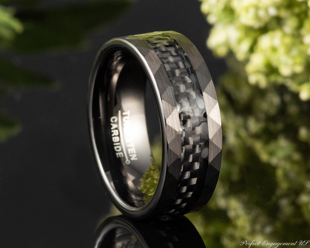 Hammered Black Tungsten Carbon Fiber Inlay Ring, 8mm Wedding Band, Mens