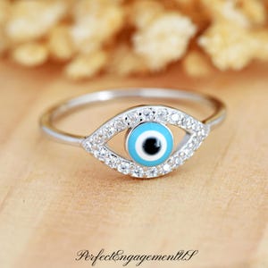 Light Blue Evil Eye Ring | Solid 925 Sterling Silver Eye Ring | Women&#39;s Silver Ring | Trendy | Minimalist | Gift for Her