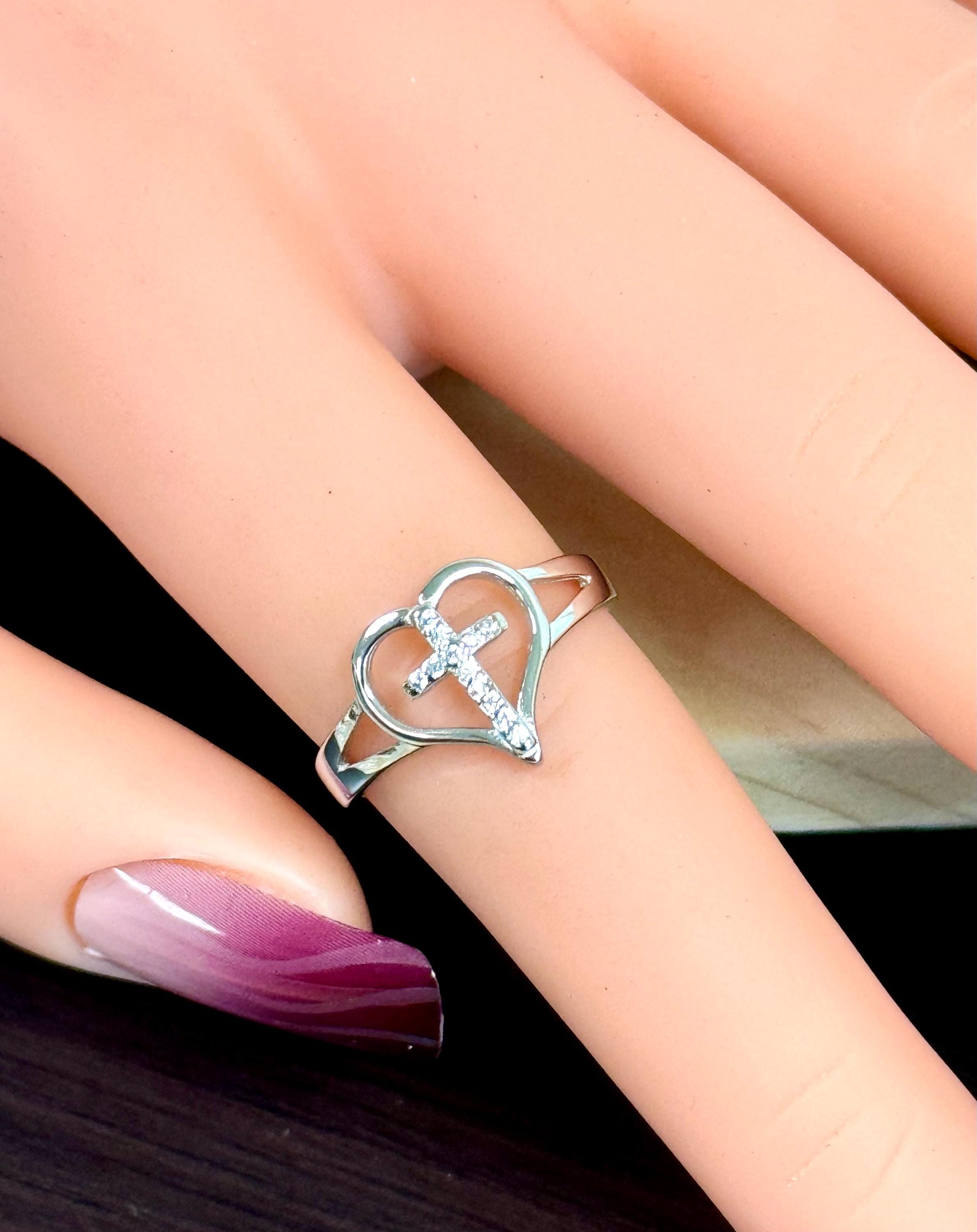 Sparkling Clear CZ Cross Center Open Hearts Ring | Solid 925