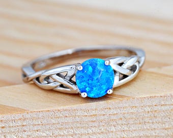 Blue Opal Prong Set Celtic Knot Engagement Ring | Solid 925 Sterling Silver Opal Promise Ring | Celtic Knot Opal Wedding Ring | Women's Ring