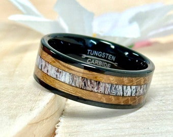 Men's Unique Whiskey Barrel Edge Black Tungsten Wedding Band, Deer Antler Center Inlay Laser Engrave Promise Ring - 8mm