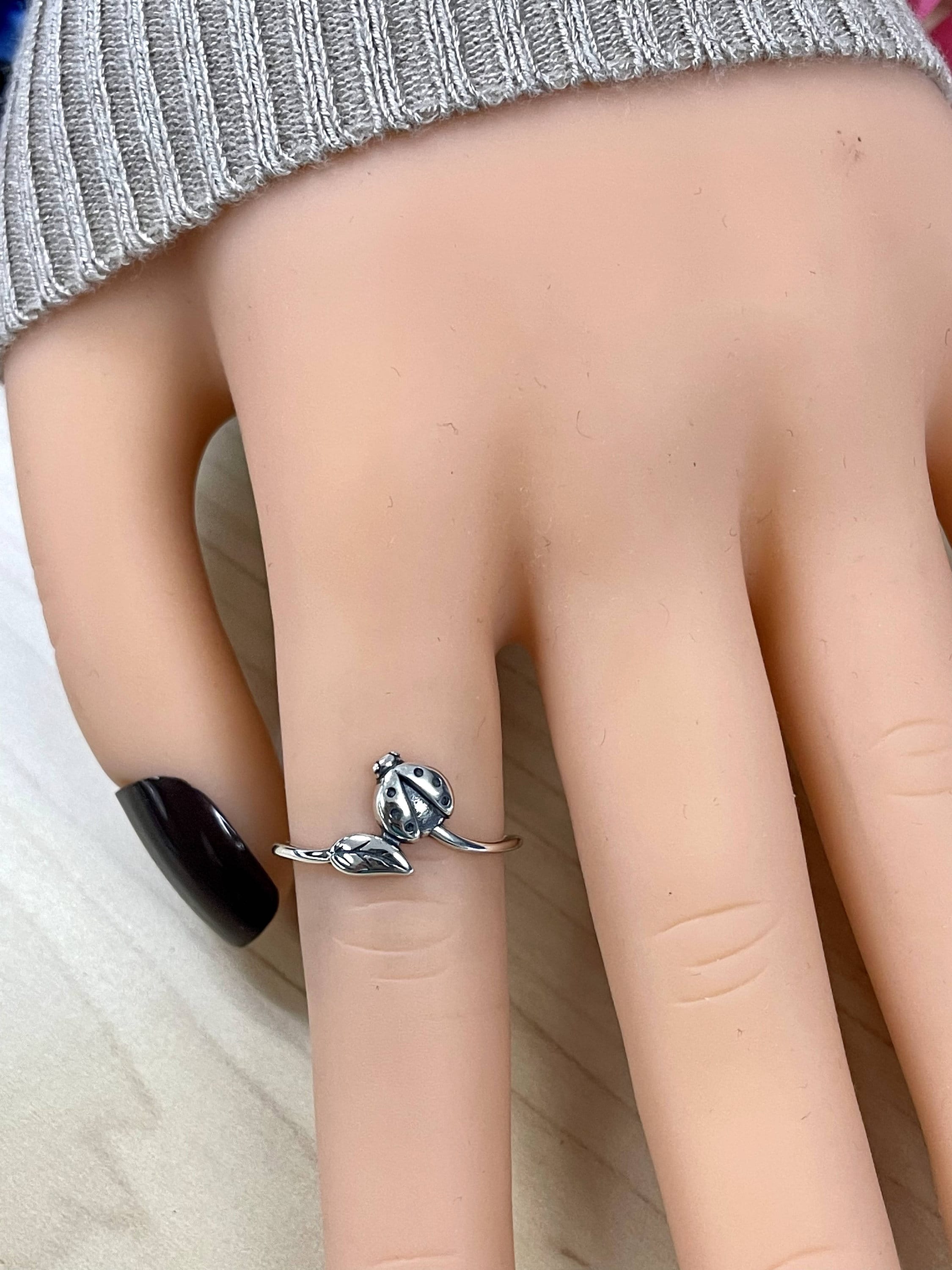 Ladybug Leaf Statement Ring | Solid 925 Sterling Silver Small 