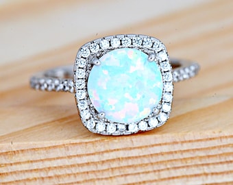 Halo Round Cut Engagement Opal Ring | Solid 925 Sterling Silver Bridal Wedding Ring | Womens Silver Opal Ring | Trendy | Heirloom CZ Rings