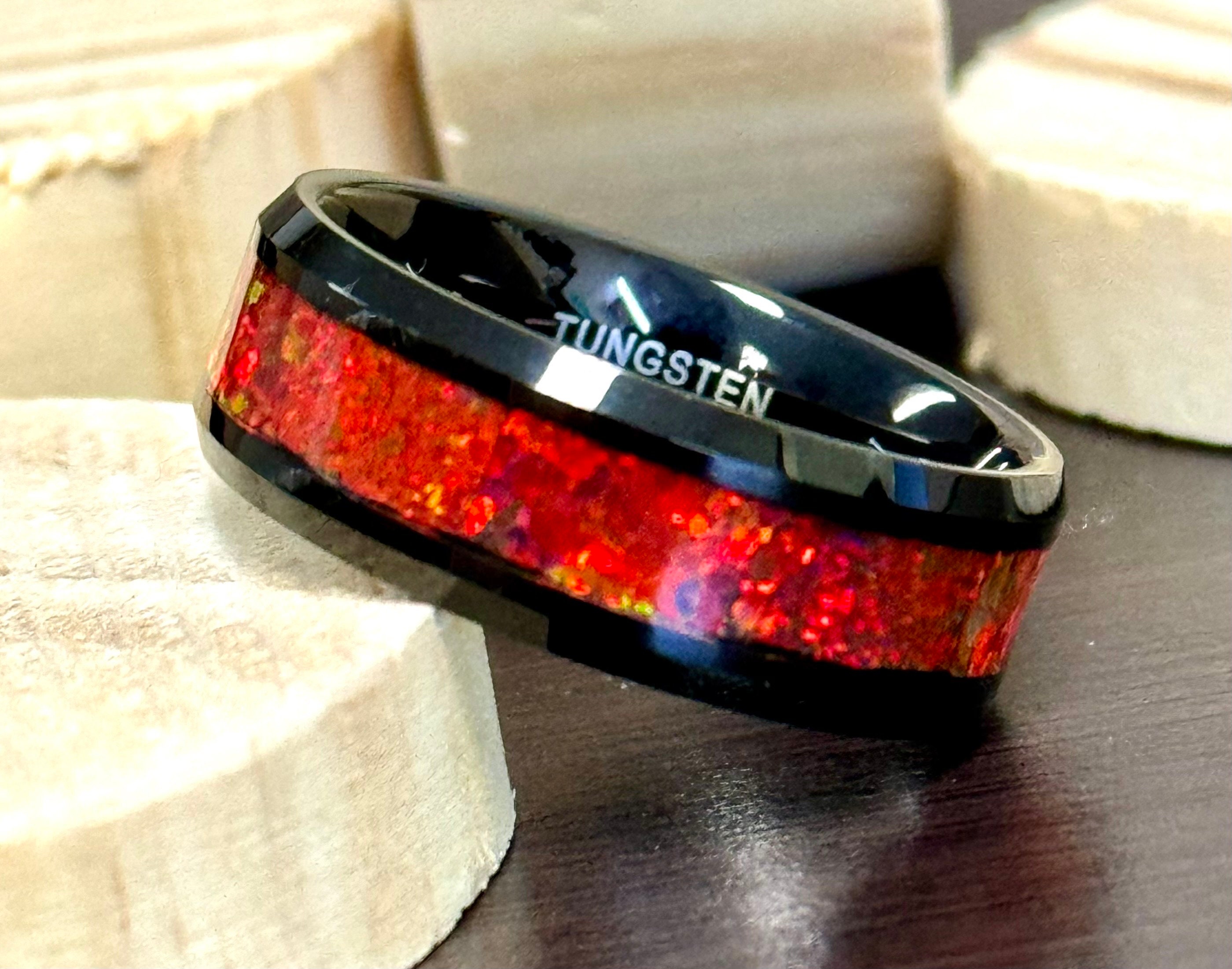 Black Tungsten Red Fire Opal Inlay Wedding Band | Men's Opal